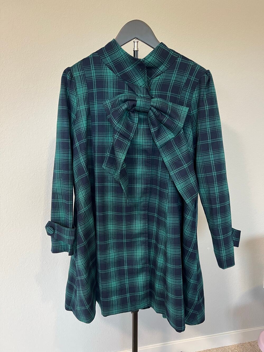 Chicwish Plaid Bow Mini Dress Green Navy Wool Blend Academia Preppy S